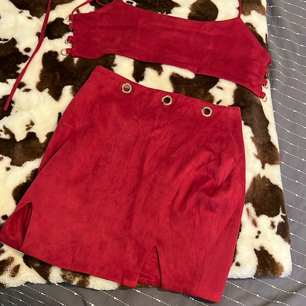 Oh Polly red suede skirt and top set